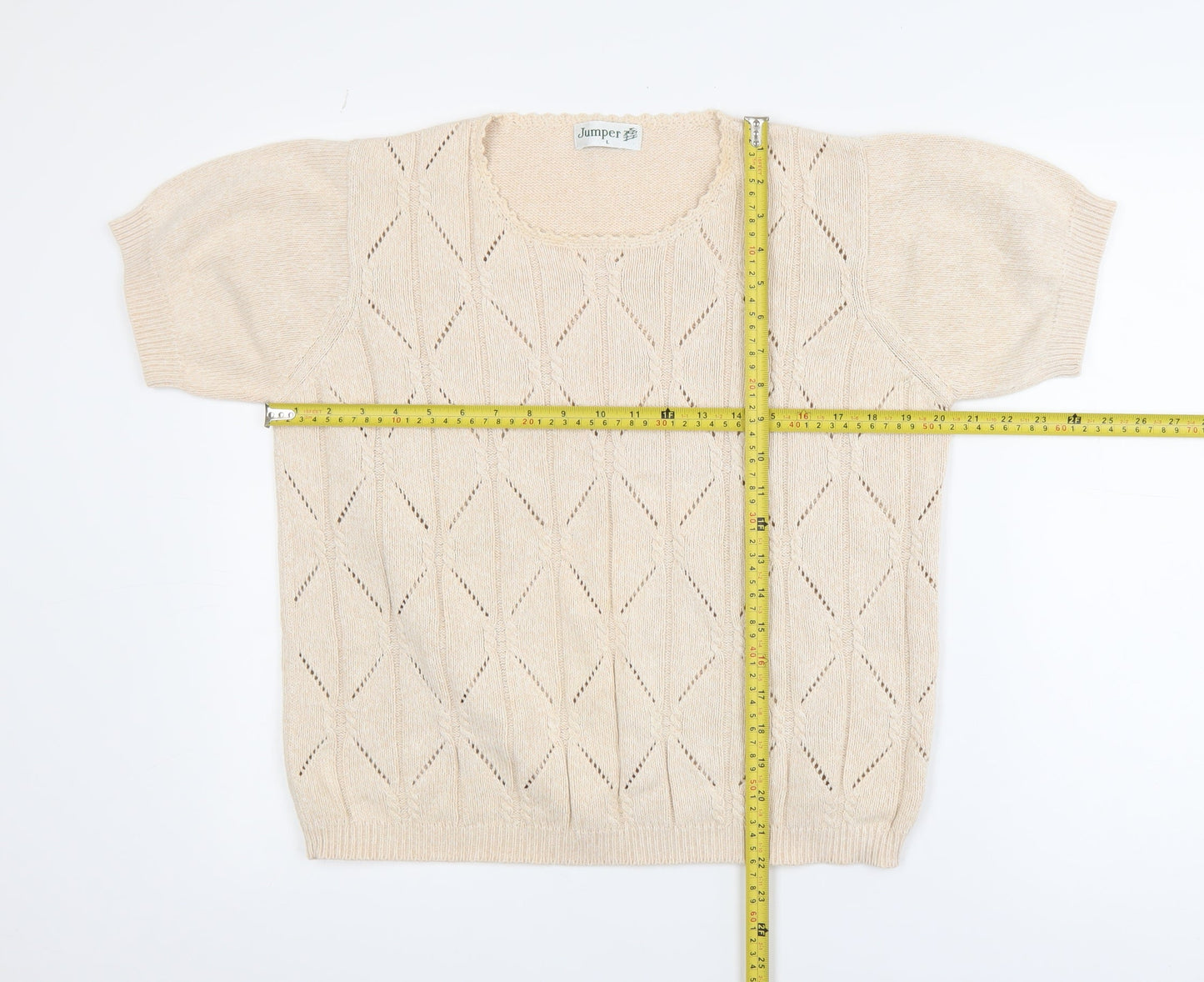 Jumper Women Beige L Short Sleeve Cotton Open-Knit Pullover