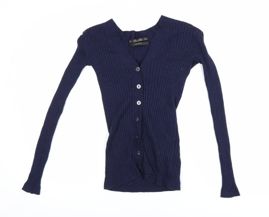 Zara Women Blue Merino Wool Slim Fit V-Neck Cardigan Size 8