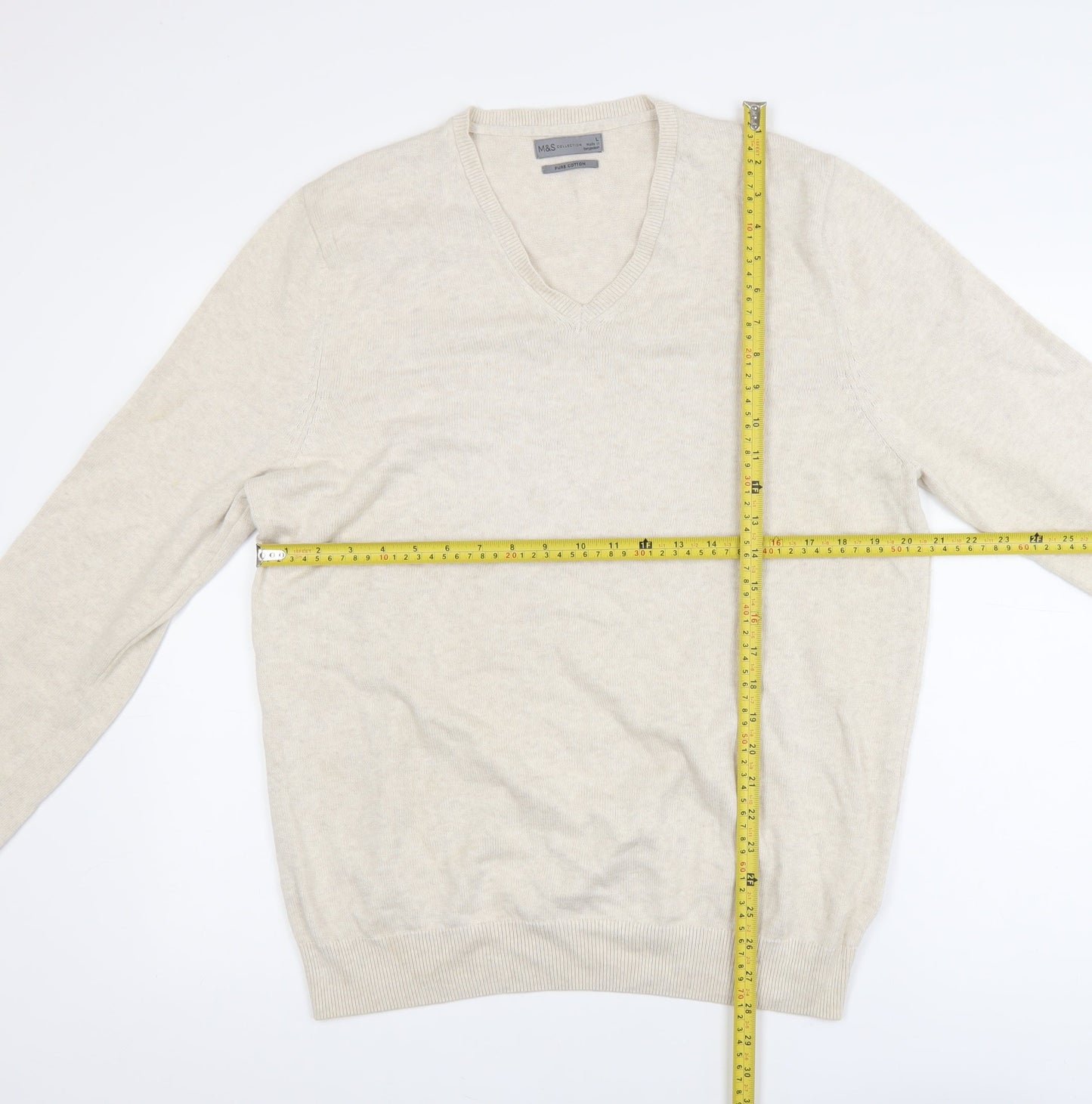 Marks and Spencer Men Beige Cotton V-Neck Jumper Size L