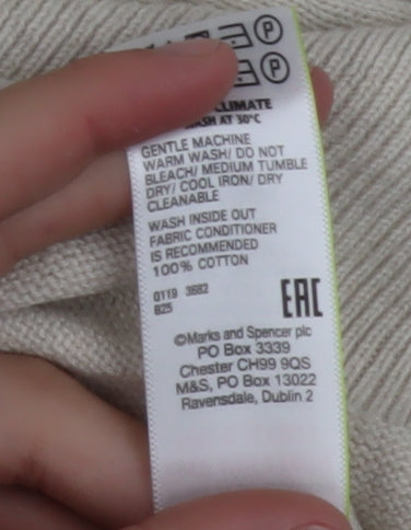 Marks & Spencer Men Beige Cotton V-Neck Jumper Size L