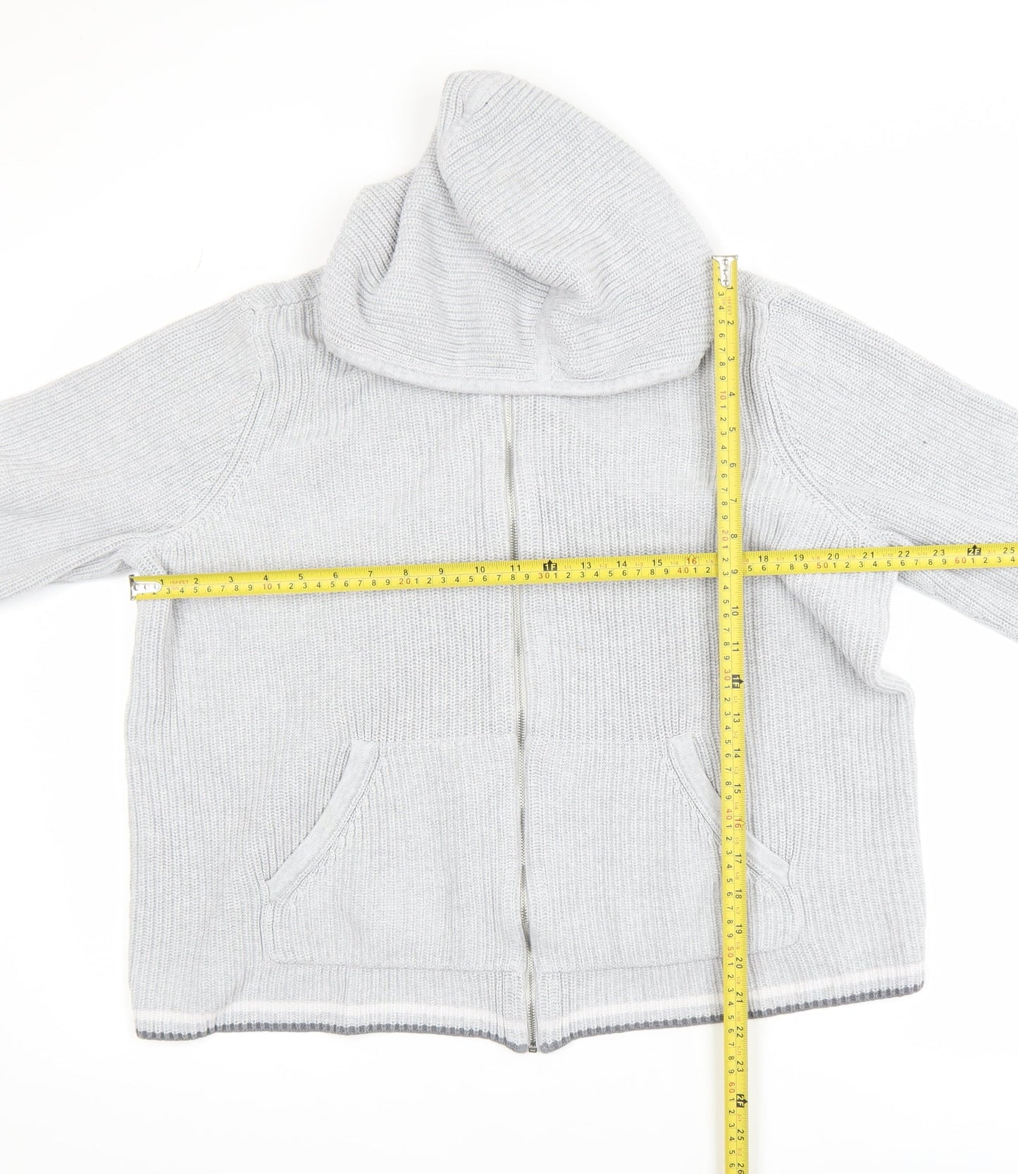 Lands' End Women Light Grey Full Zip Hooded Cardigan L 100% Cotton