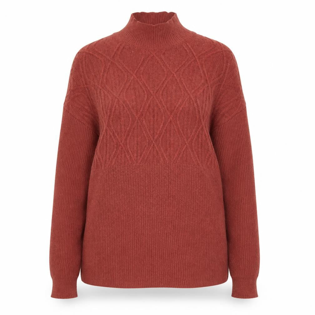 WoolOvers Womens Brown Lambswool Mock Neck Cable Knit Jumper L