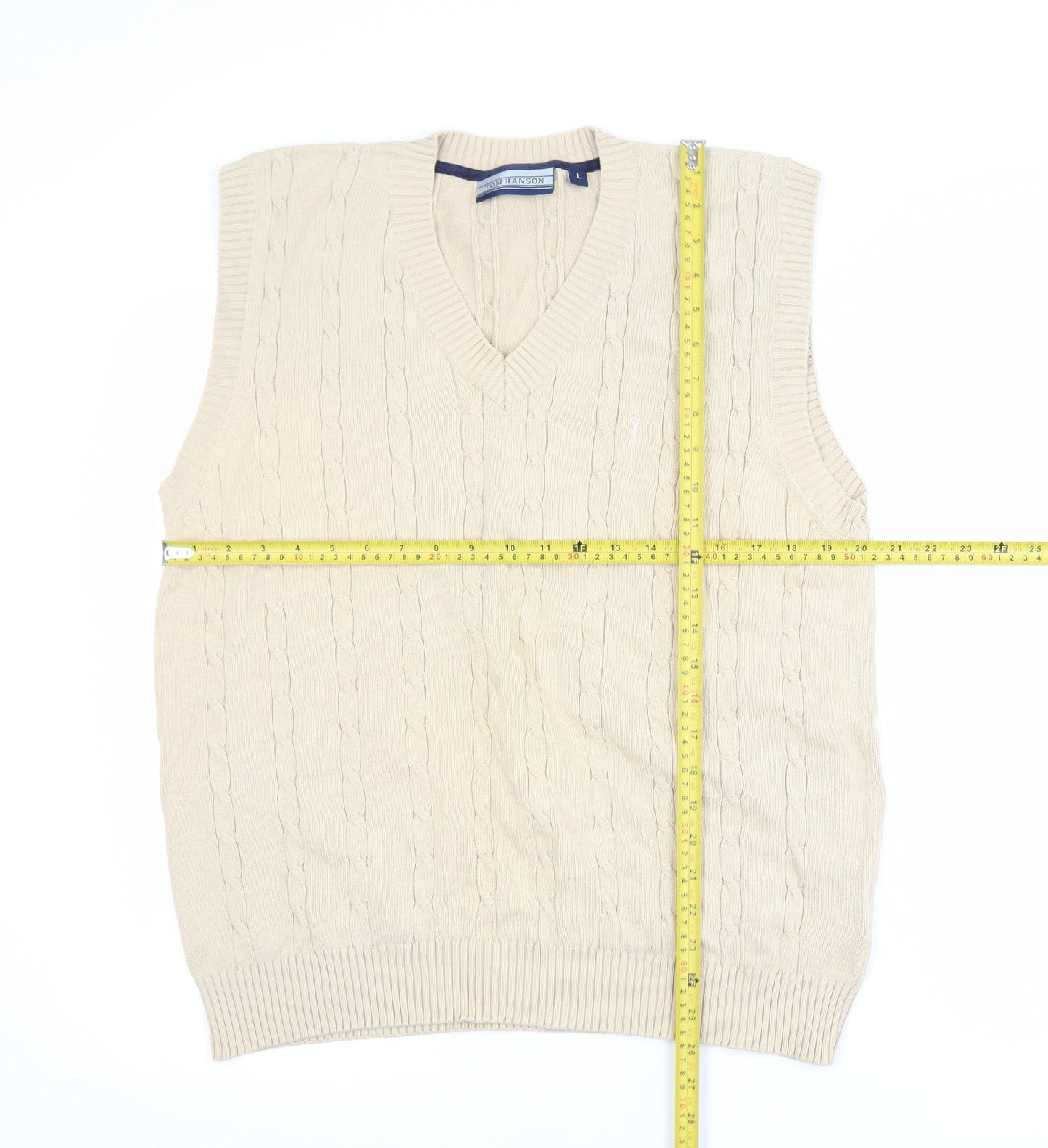 Tom Hanson Men's Beige Cotton Cable Knit V-Neck Vest L