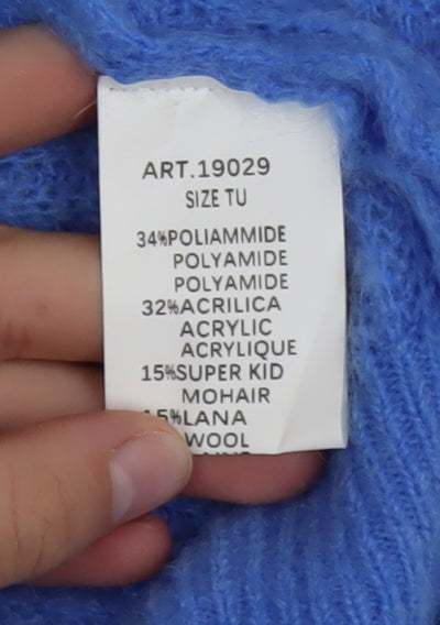 naïs Women Blue Mohair Blend Crew Neck Long Sleeve Knit Jumper One Size