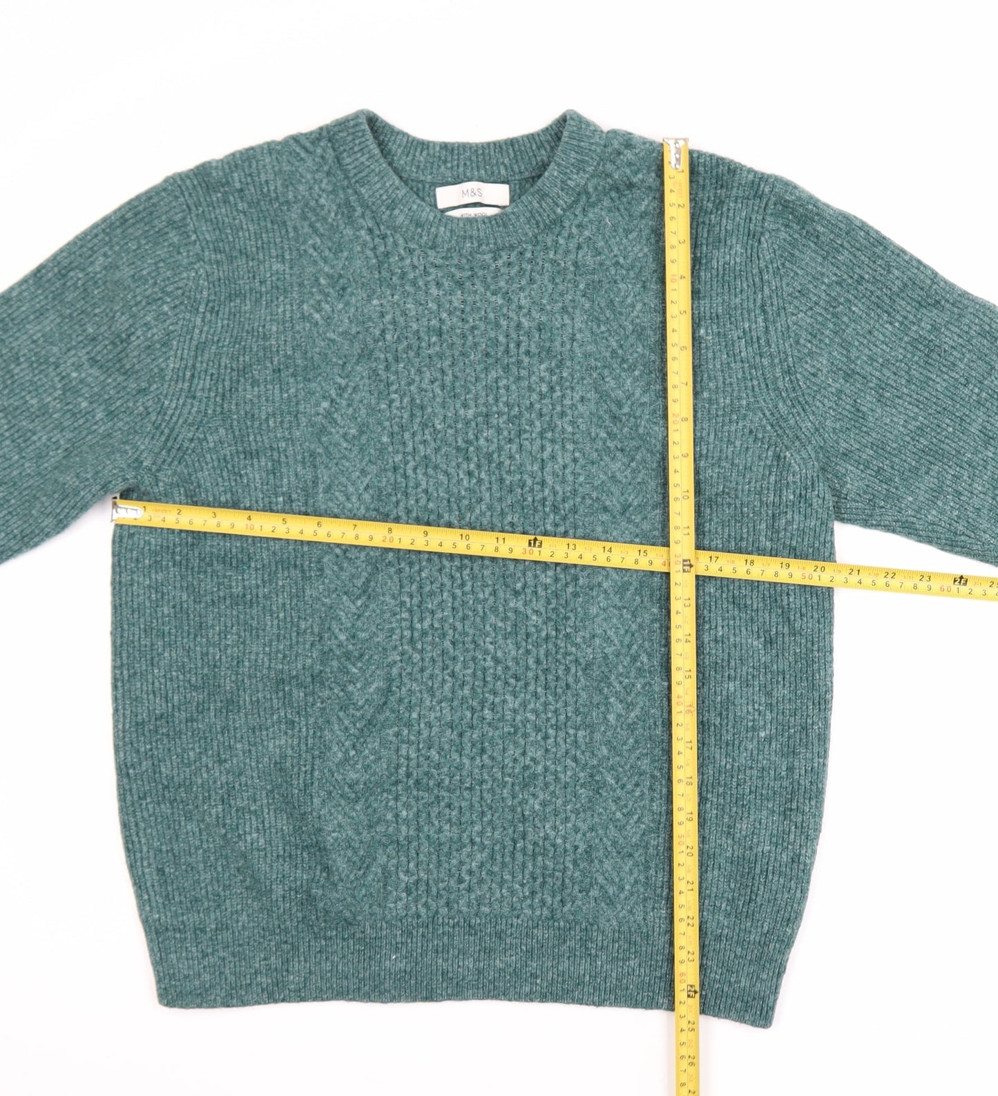 Marks and Spencer Men's Green Cable-Knit Wool Blend Jumper L