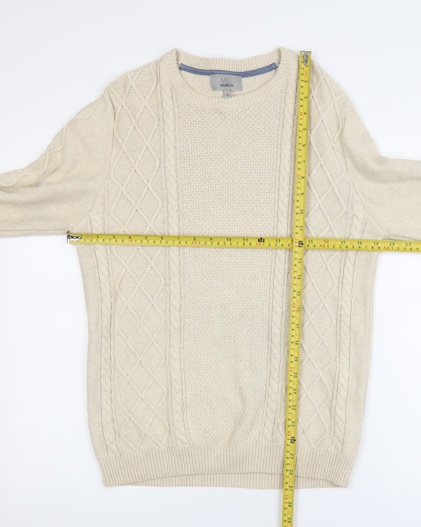 Marks and Spencer Men's Beige Cotton Cable-Knit Jumper Size S