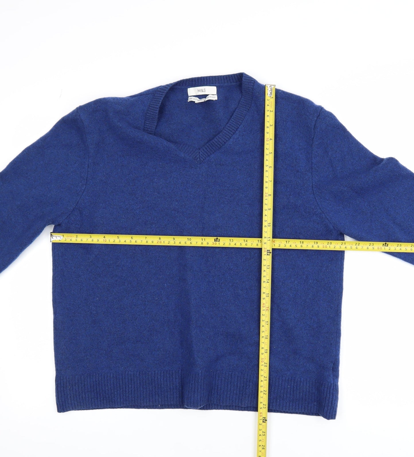 Marks and Spencer Men's Blue Wool V-Neck 2XL Pullover Jumper