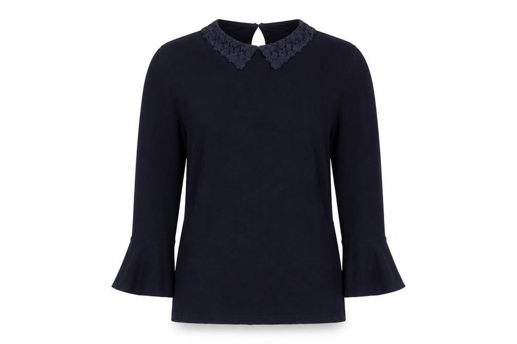 Warehouse Women Blue Collared Lace Blouse Size 8 3/4 Sleeve Tunic