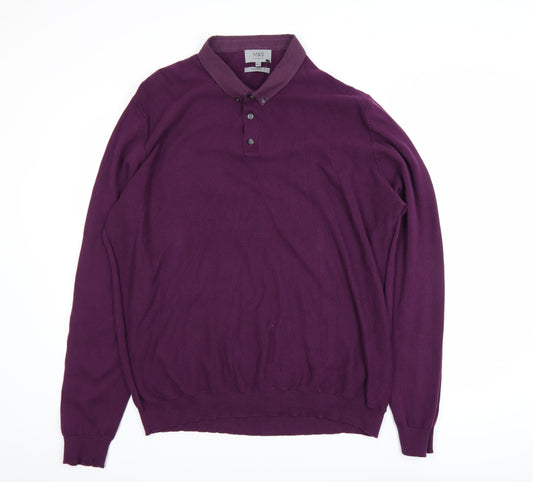 Marks and Spencer Men’s Purple 2XL Cotton Collared Henley Jumper