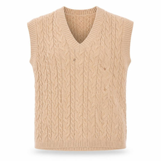 Damart Women Beige Cable-Knit Sleeveless V-Neck Jumper Vest M