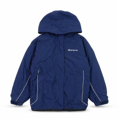 Front view of Sprayway boys’ blue waterproof hooded parka coat age 8