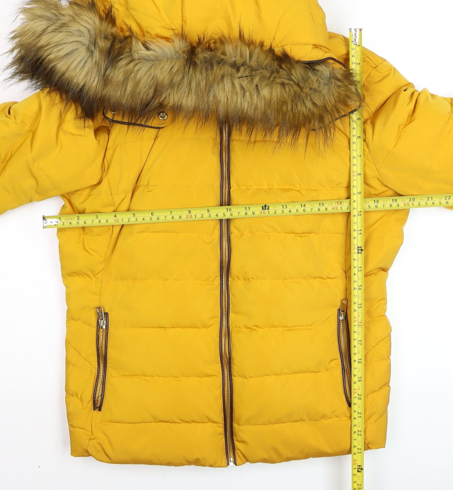 Zara Women Yellow Faux Fur Hooded Puffer Jacket XL Winter Coat