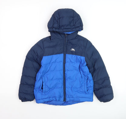 Additional front view of Trespass boys’ blue hooded puffer jacket 3-4 years water resistant winter coat