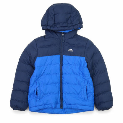 Front view of Trespass boys’ blue hooded puffer jacket 3-4 years water resistant winter coat
