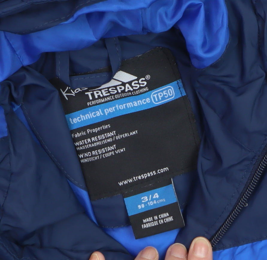 Trespass Boys Blue Hooded Puffer Jacket 3-4 Years Water Resistant Winter Coat