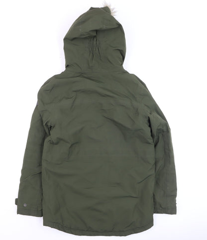 Close-up detail of Regatta boys’ green parka coat 11-12 years hooded waterproof winter jacket