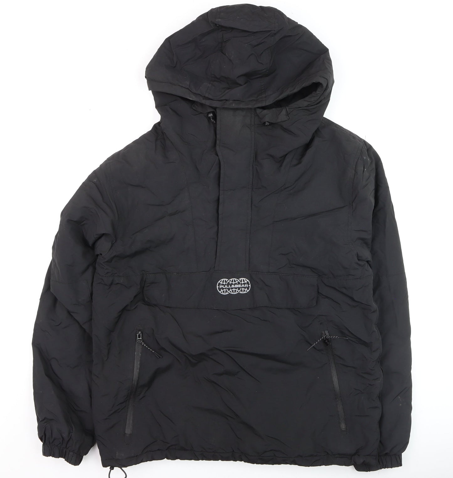 Pull & Bear Men's Black Hooded Anorak Jacket Size M Nylon Lined