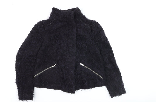 Whistles Women Black Mohair Biker Jacket UK 16 Winter Zip Short