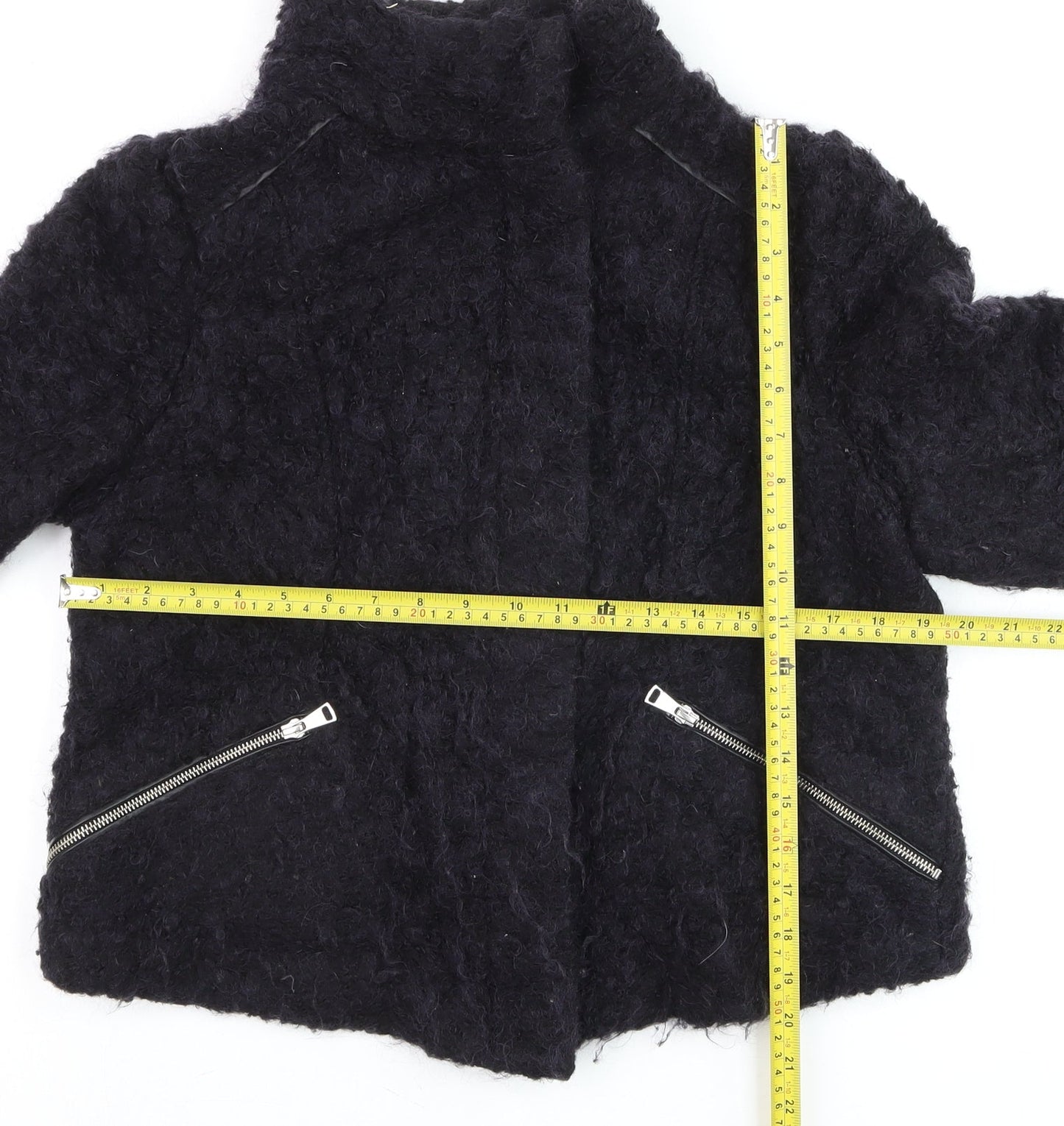 Whistles Women Black Mohair Biker Jacket UK 16 Winter Zip Short