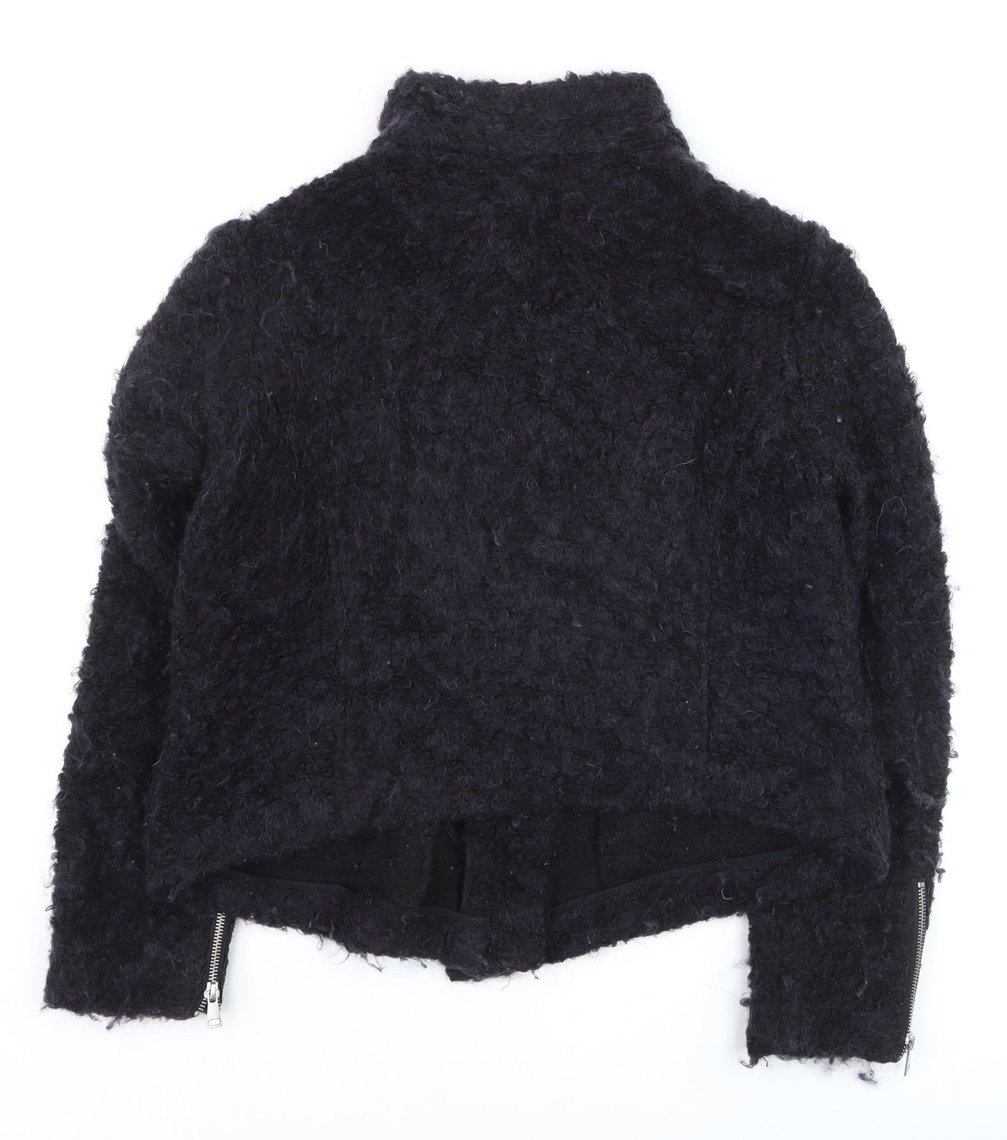 Whistles Women Black Mohair Biker Jacket UK 16 Winter Zip Short