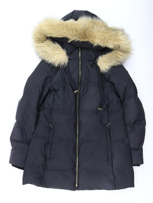 Zara Women’s Black Long Puffer Coat with Faux Fur Hood Size 14