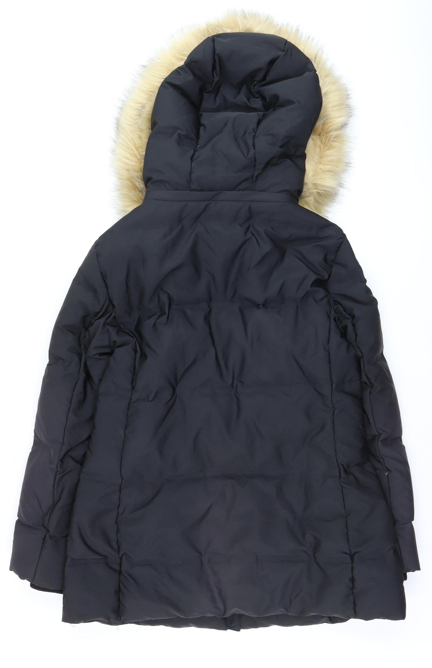 Zara Women’s Black Long Puffer Coat with Faux Fur Hood Size 14