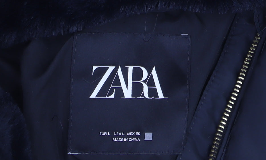 Zara Women’s Black Long Puffer Coat with Faux Fur Hood Size 14