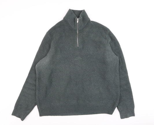 Marks and Spencer Mens Green Wool 1/2 Zip High Neck Jumper XL