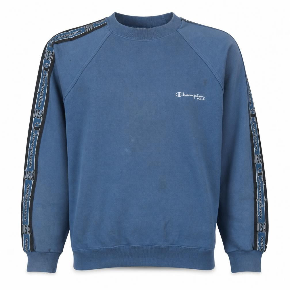 Champion USA Mens Blue Large Crew Neck Sweatshirt with Logo Tape Trim