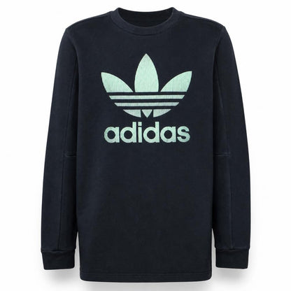 Front view of Adidas boys’ black crew neck pullover sweatshirt, size 13-14, years