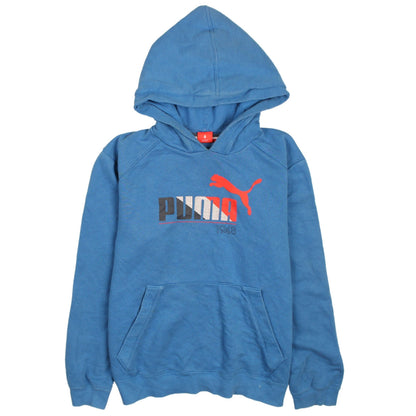 Additional front view of Puma boys’ blue pullover hoodie sweatshirt, size 164, hooded logo design