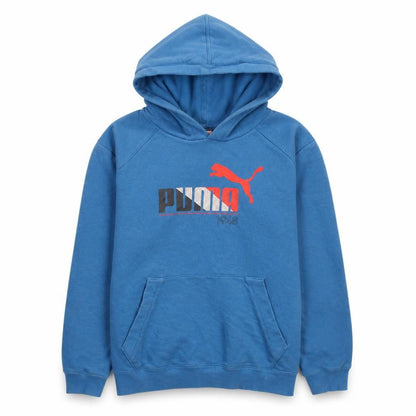 Front view of Puma boys’ blue pullover hoodie sweatshirt, size 164, hooded logo design