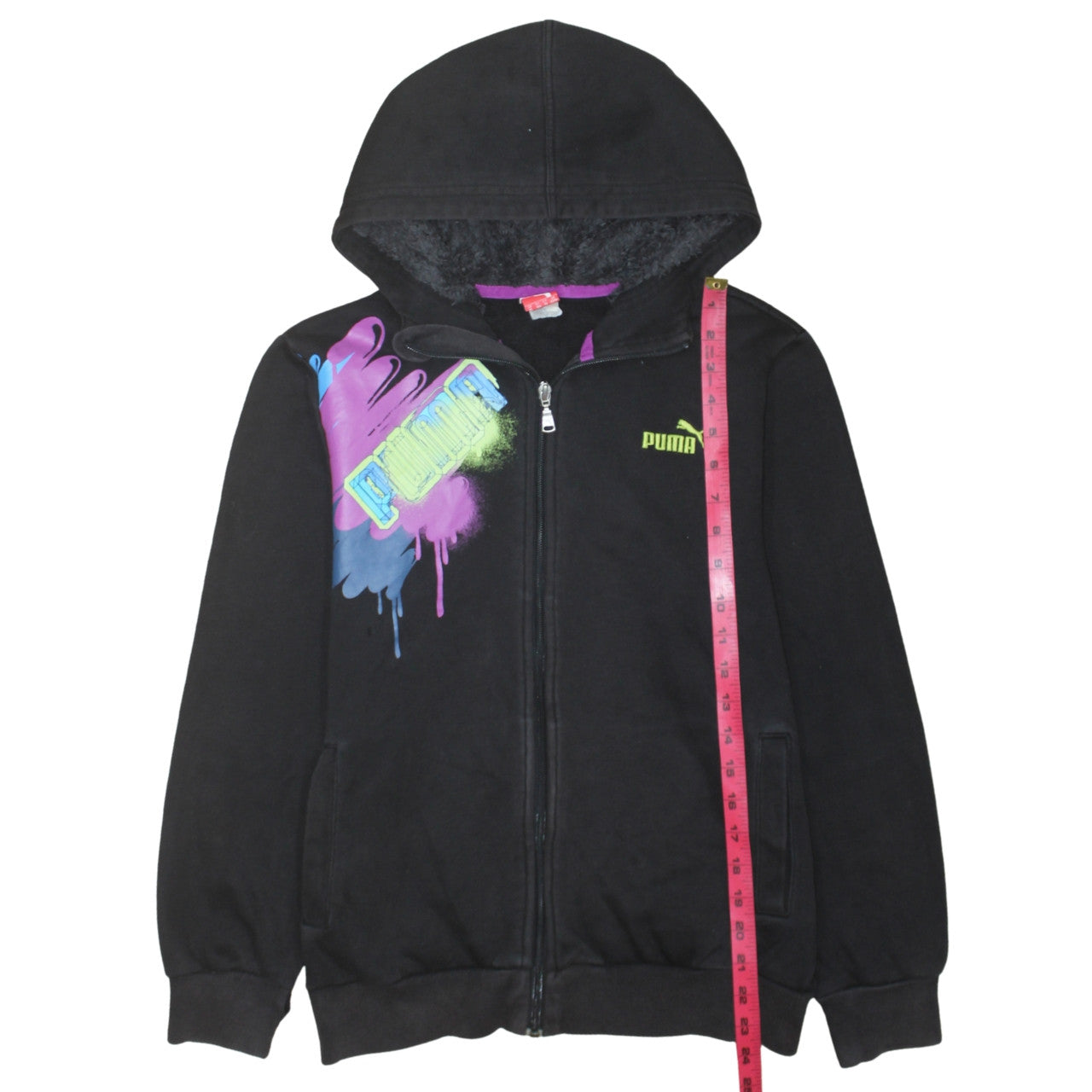 Puma Boys Black Full Zip Hoodie Size 14 Graphic Print Fleece Lined