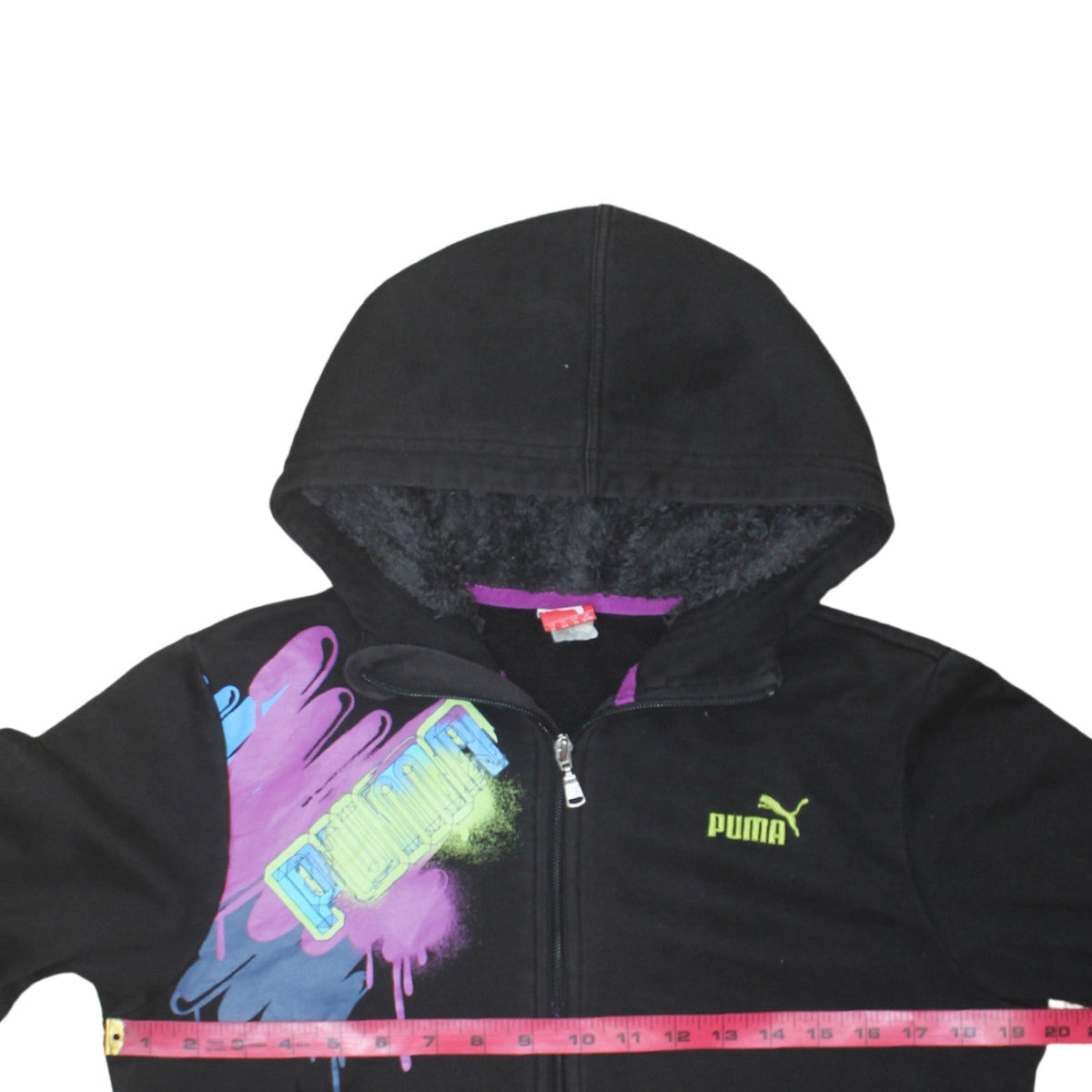 Puma Boys Black Full Zip Hoodie Size 14 Graphic Print Fleece Lined