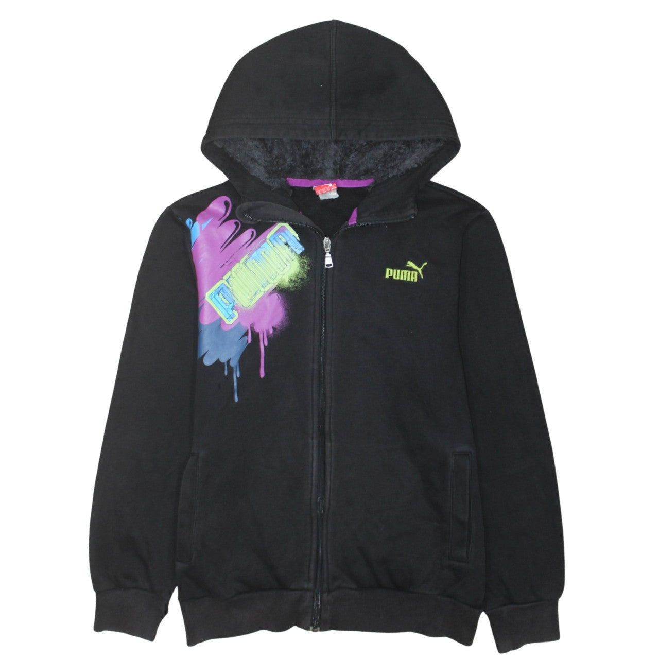 Puma Boys Black Full Zip Hoodie Size 14 Graphic Print Fleece Lined