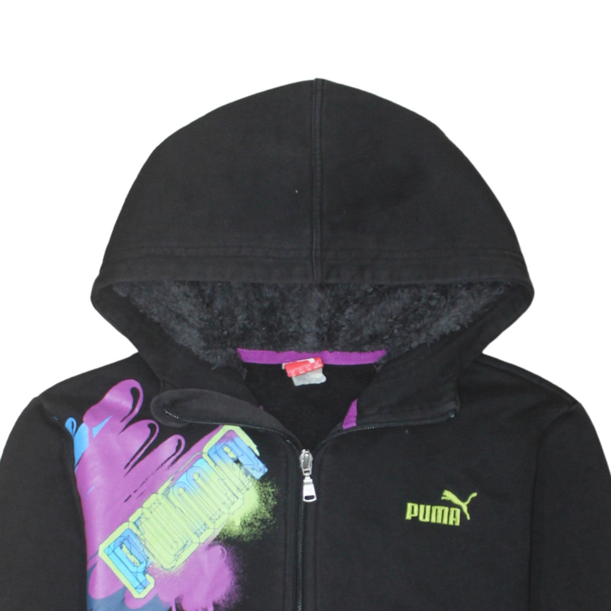 Puma Boys Black Full Zip Hoodie Size 14 Graphic Print Fleece Lined