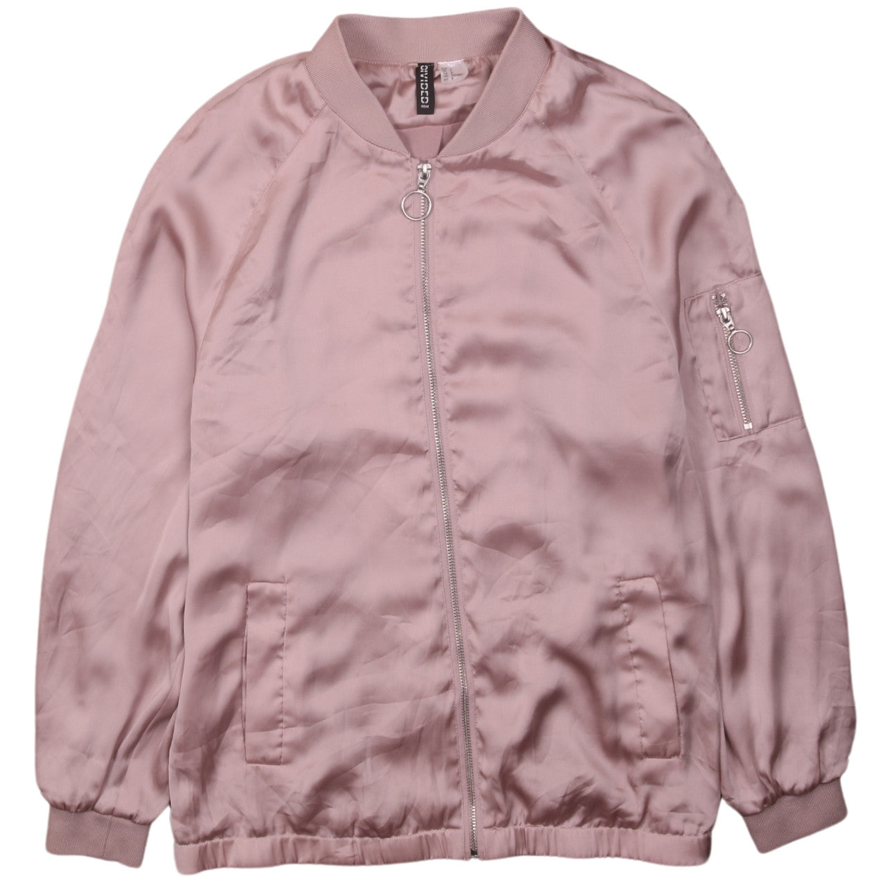 H&M Women Pink Bomber Jacket Size 10 Satin Zip Casual Style