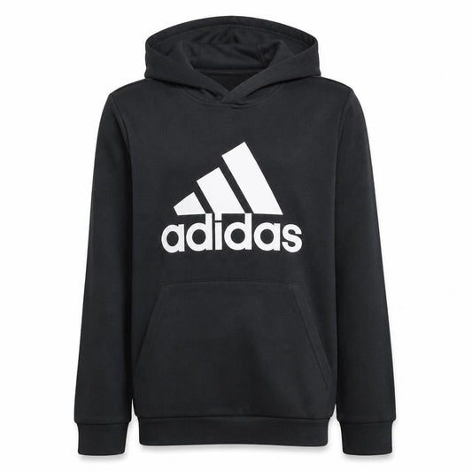 Front view of Adidas boys’ black pullover hoodie 13-14 years cotton blend logo print