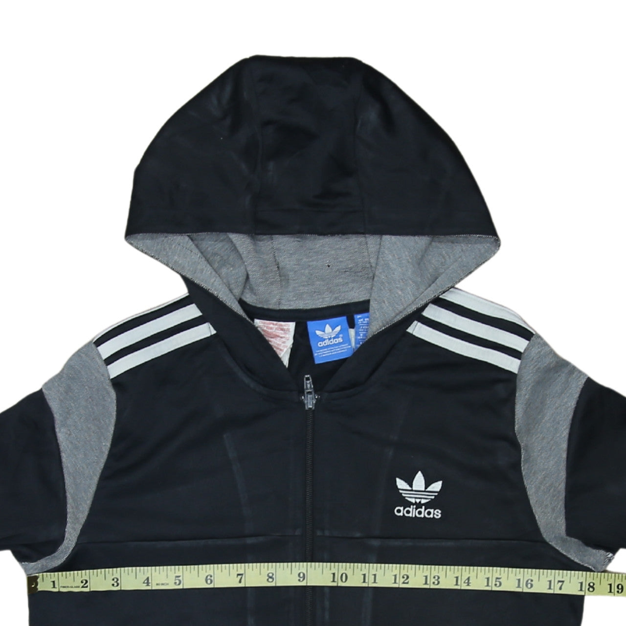 Adidas Boys Black Full Zip Hoodie 13-14 Years Grey Trim Hooded Sweatshirt