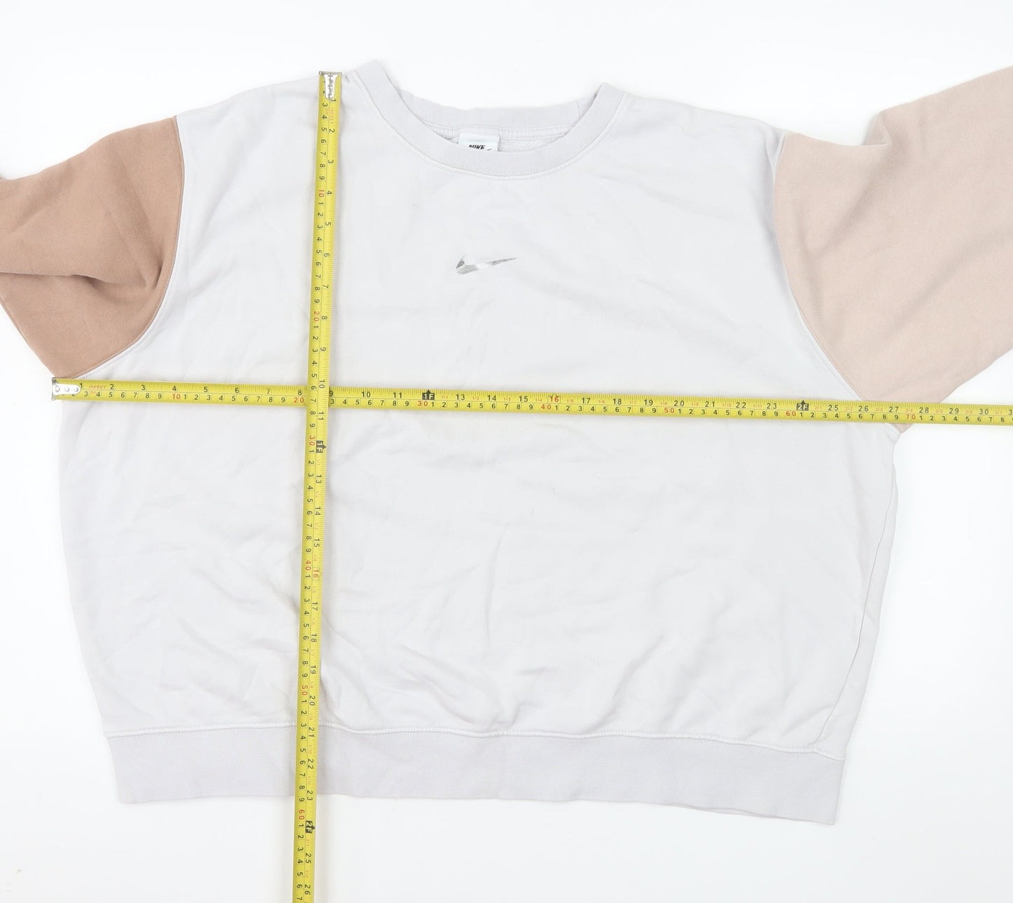 Nike Women’s Beige & White Colourblock Crew Neck Sweatshirt XL Loose Fit