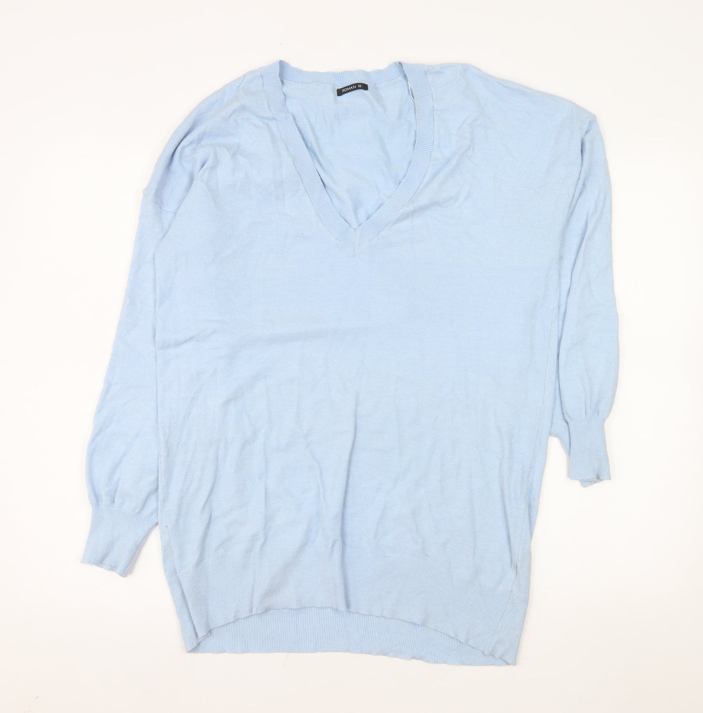 Roman Womens Blue V-Neck Long Sleeve Pullover Jumper Size 10