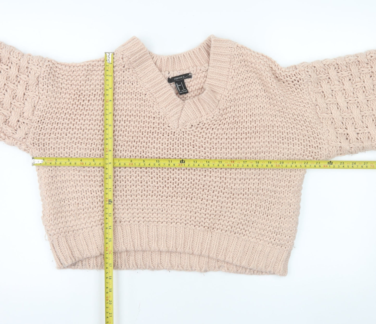 Forever 21 Women Beige Chunky-Knit V-Neck Jumper Size S