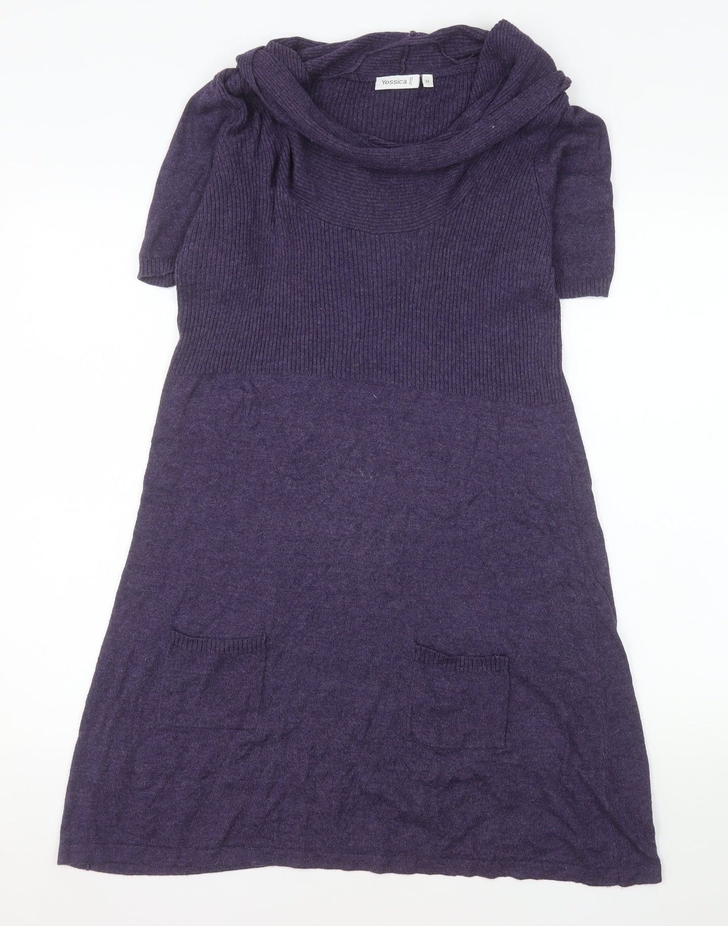 Yessica Women Purple Knit Cowl Neck Short Sleeve T-Shirt Dress M