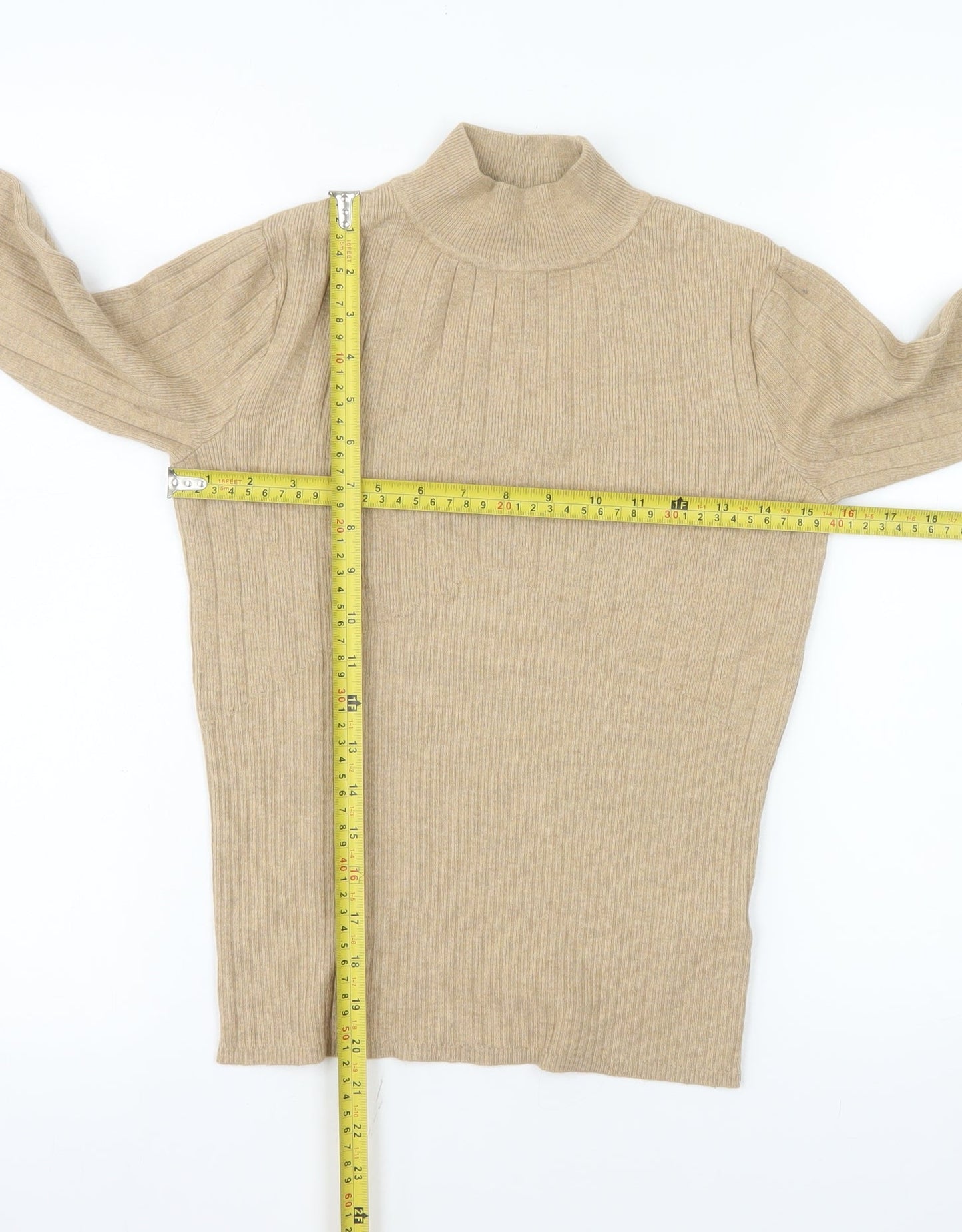 Marks and Spencer Women Beige Mock Neck Ribbed Knit Top Size 8
