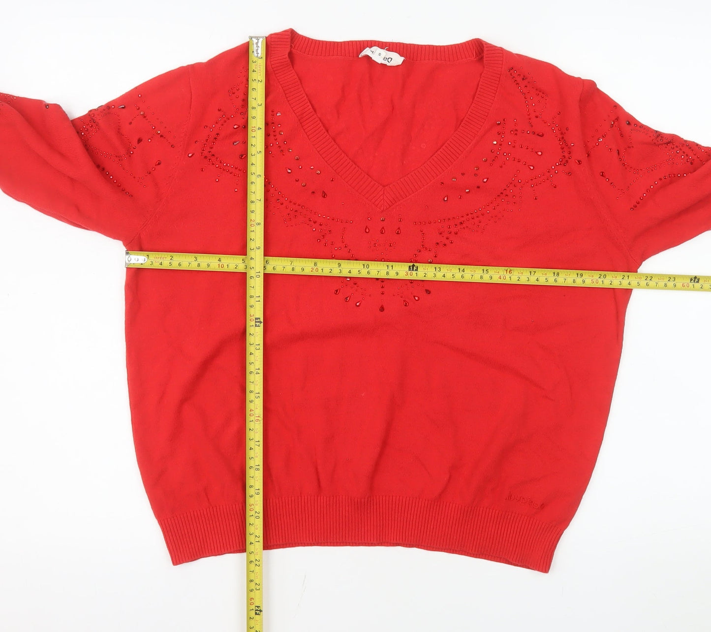 Desigual Women Red V-Neck Beaded Long Sleeve Cotton Jumper Size S