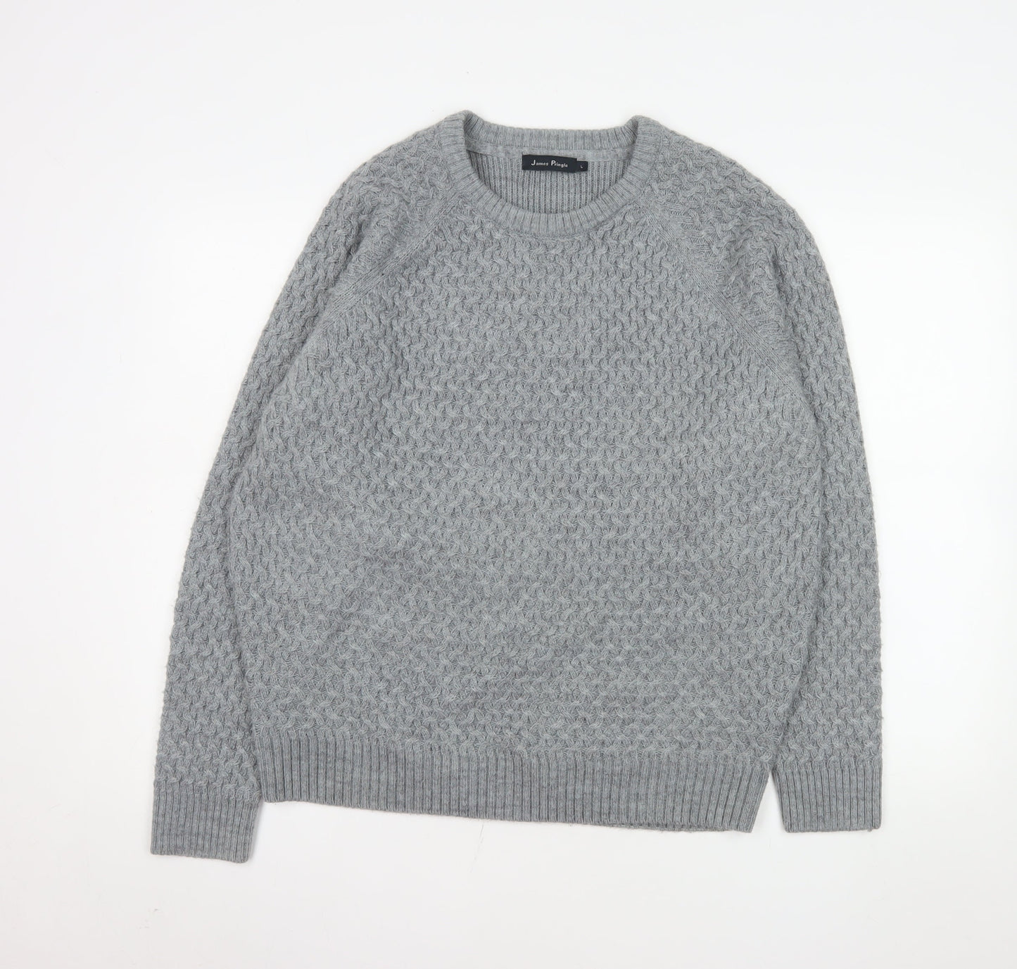 James Pringle Men's Grey Cable-Knit Wool Blend Pullover Jumper L