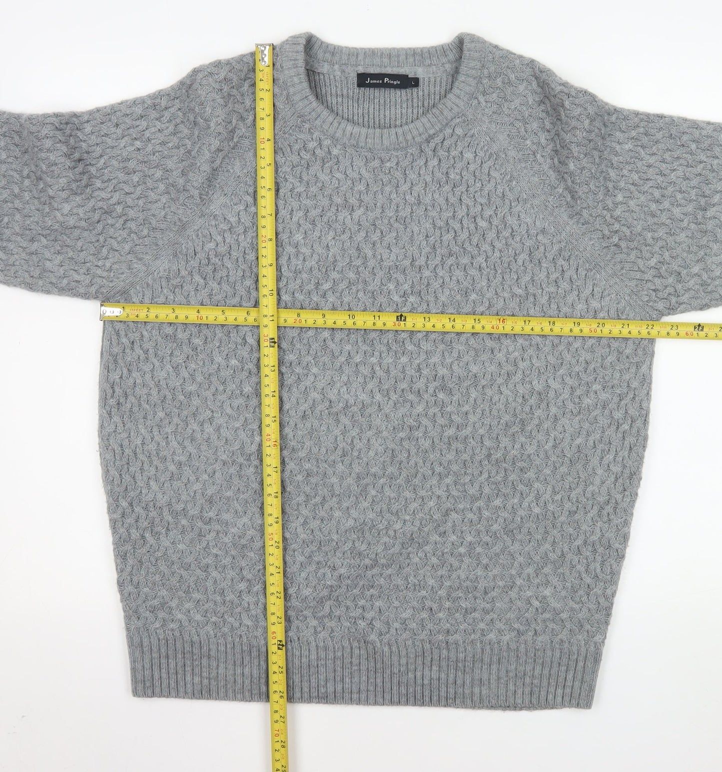 James Pringle Men's Grey Cable-Knit Wool Blend Pullover Jumper L