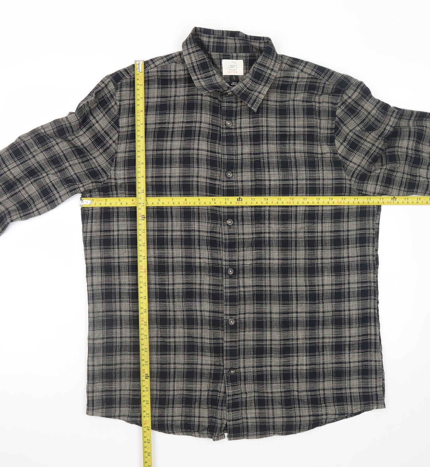 River Island Men's Grey Check Flannel Button-Up Shirt Size L