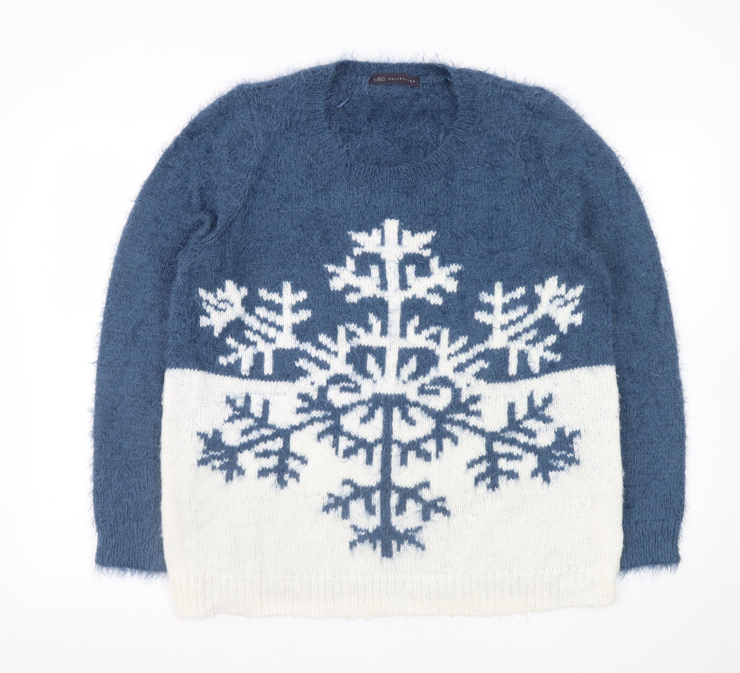 Marks and Spencer Women Blue Size 16 Crew Neck Snowflake Winter Jumper