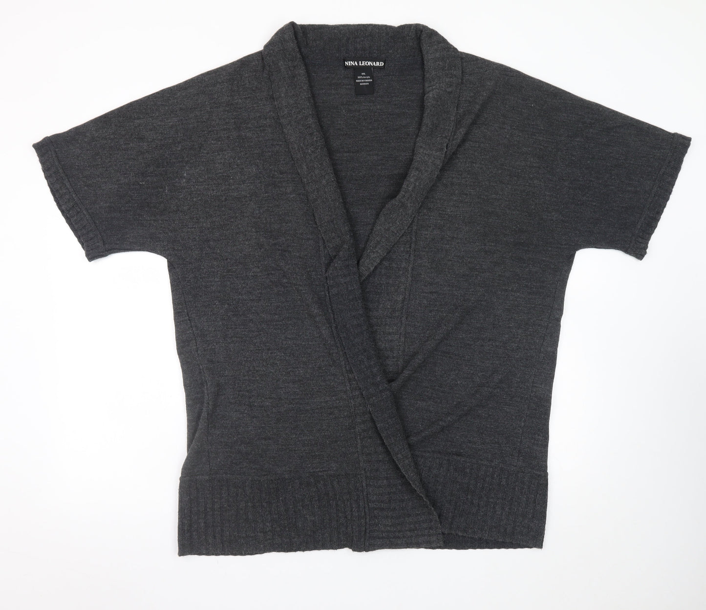 Nina Leonard Women Grey 2XL Short Sleeve Knit Cardigan